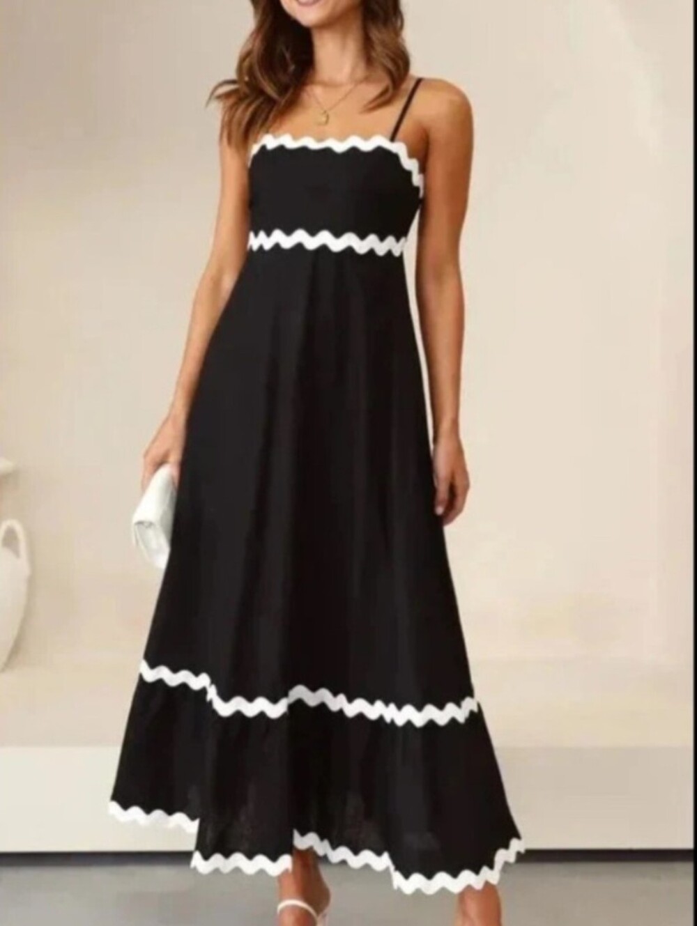Black Maxi Dress with White Trim - Women's Sleeveless Summer Dress